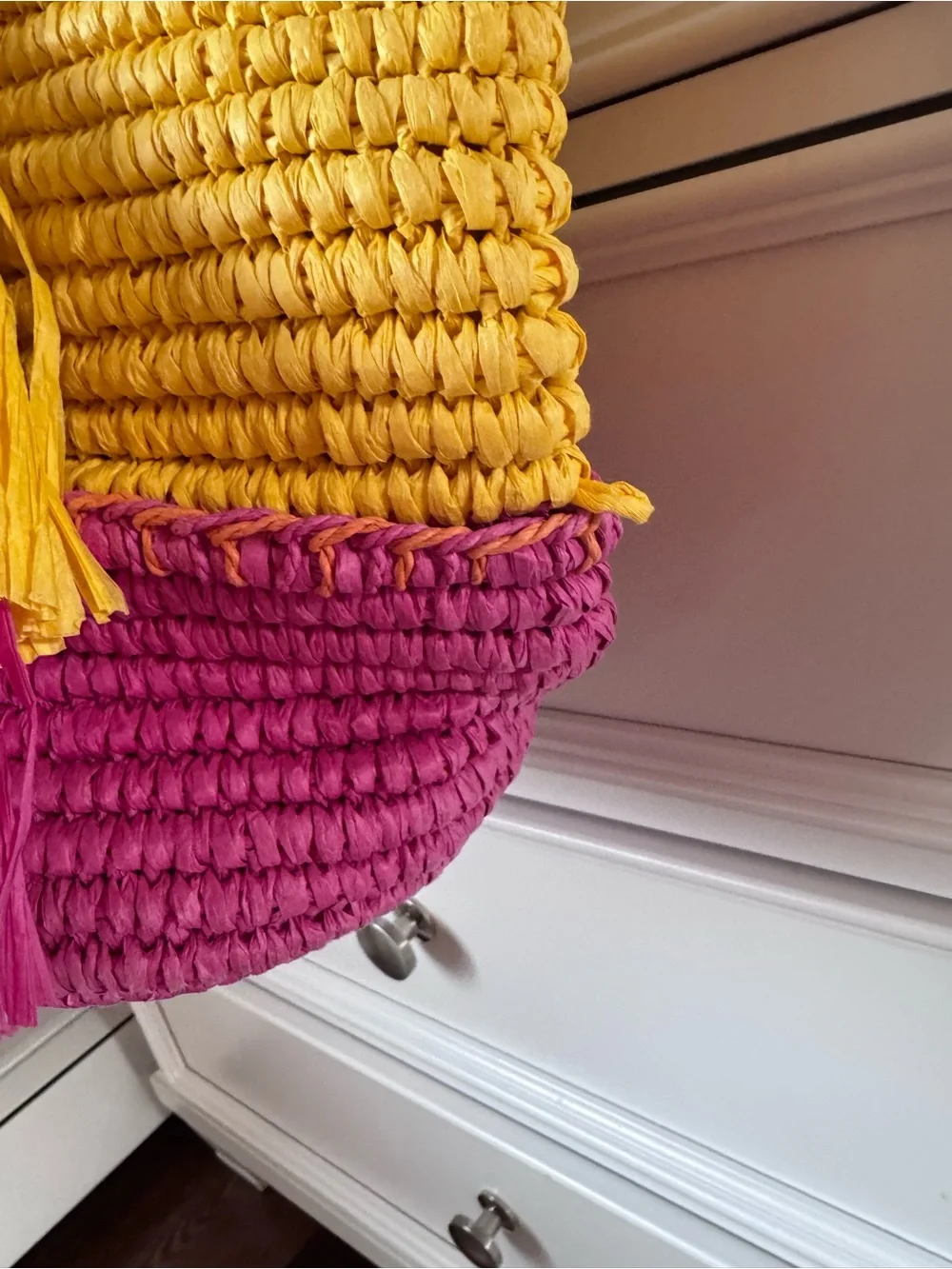 Tory Burch Yellow and Pink Straw Tote with Tassel Charm